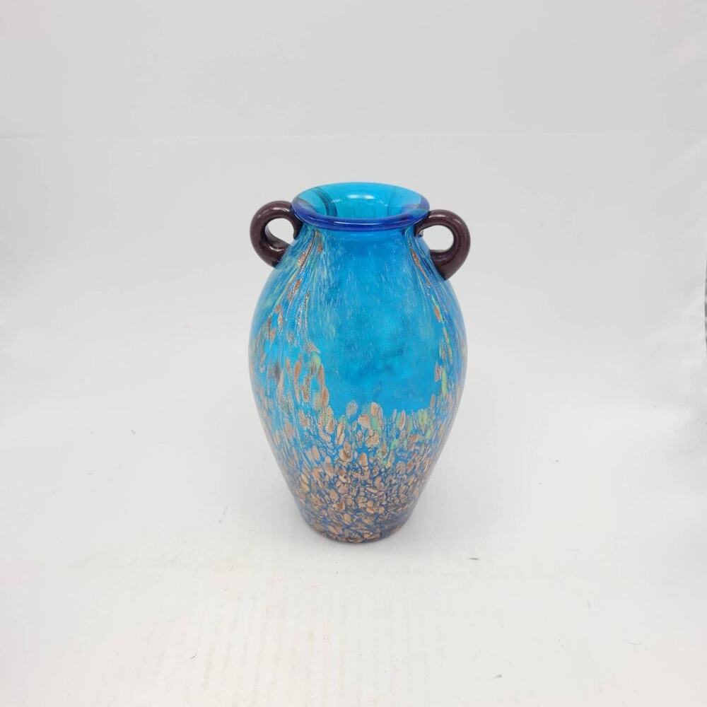 Vintage Dale Tiffany Milano Amphora Blue Art Glass Vase Gold Copper Flecks 8"